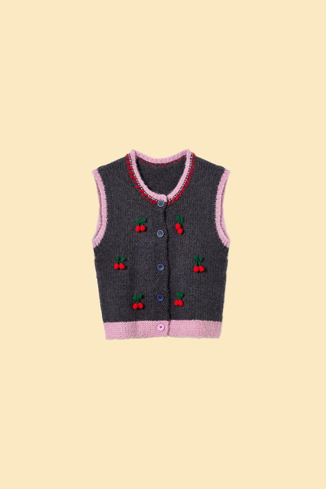 Cherries On Top Knit Vest In Grey And Blush Pink Cozy