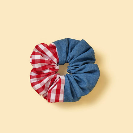 Park Day Denim Gingham Print Handmade Bandana Scrunchie Set