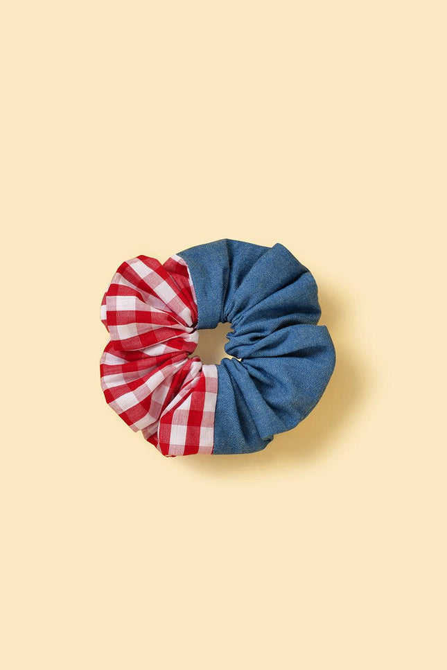 Park Day Denim Gingham Print Handmade Bandana Scrunchie Set