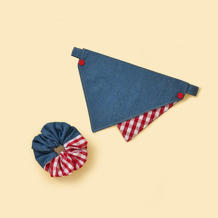 Park Day Denim Gingham Print Handmade Bandana Scrunchie Set