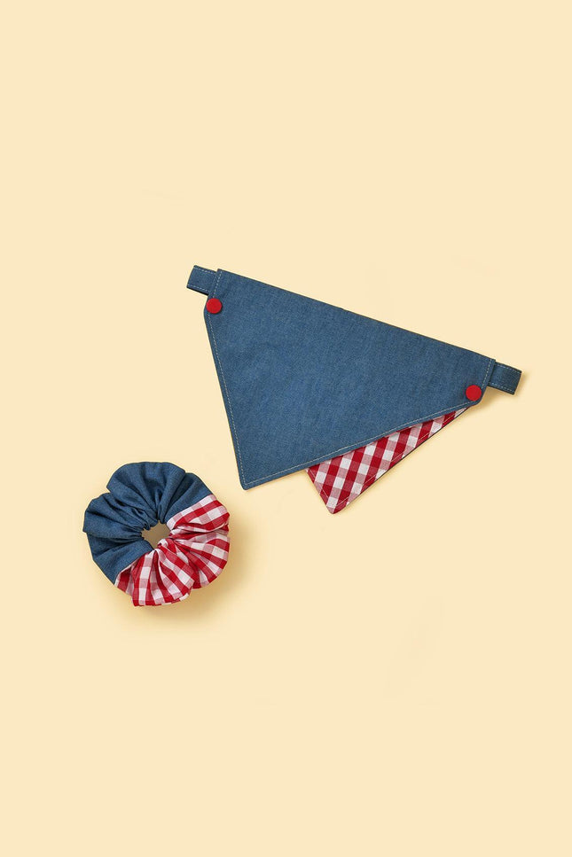 Park Day Denim Gingham Print Handmade Bandana Scrunchie Set